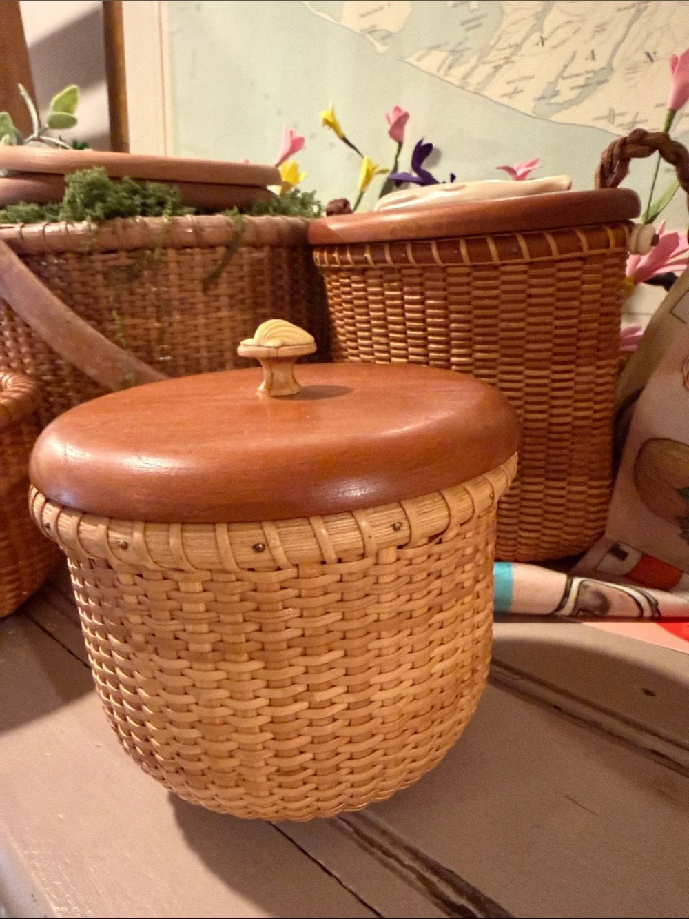 Nantucket basket hand woven signed with ivory shell top